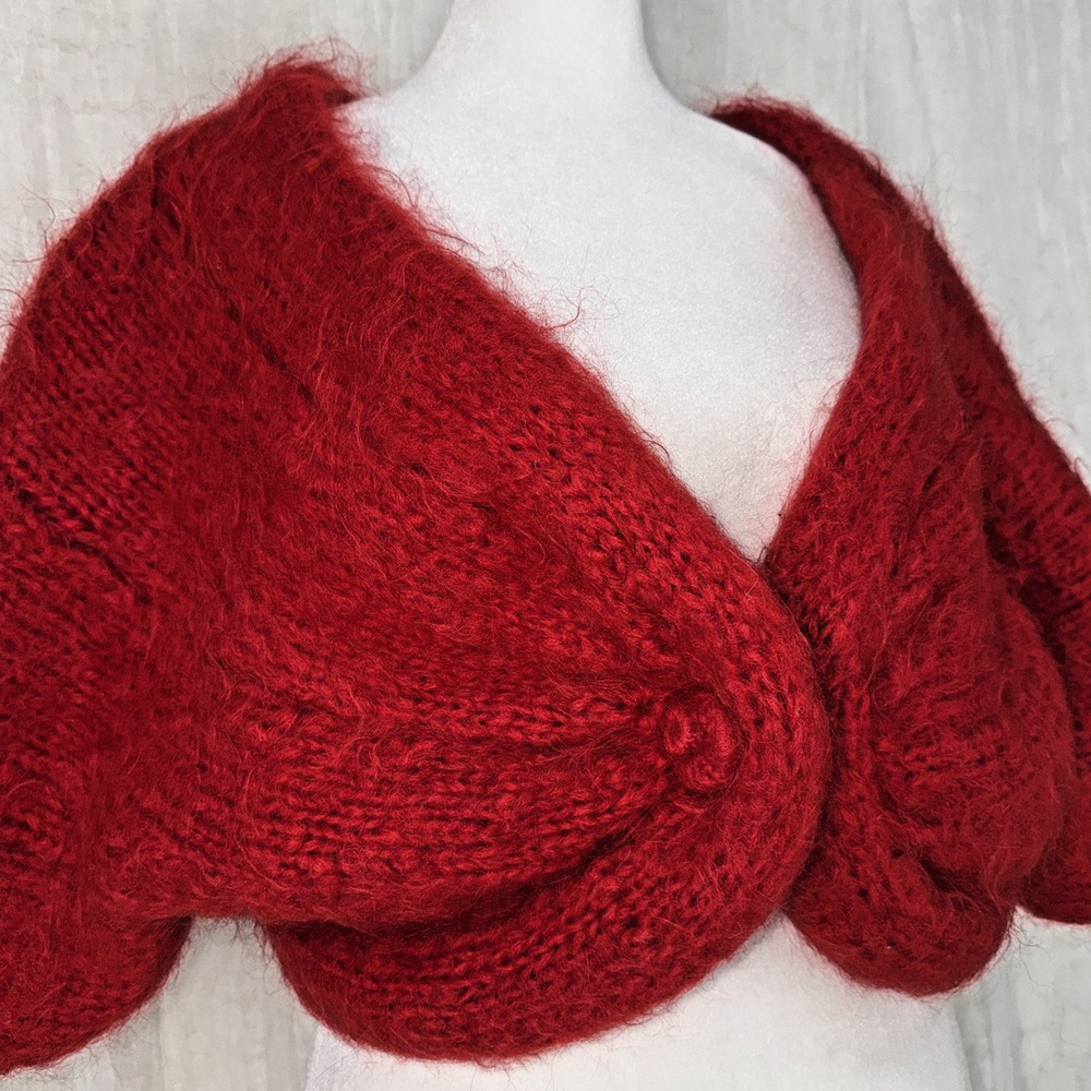 Vtg Red Hand Knit Mohair Shrug L Romantic Indie Twee Fuzzy Cozy Chunky Cardigan - Picture 2 of 7